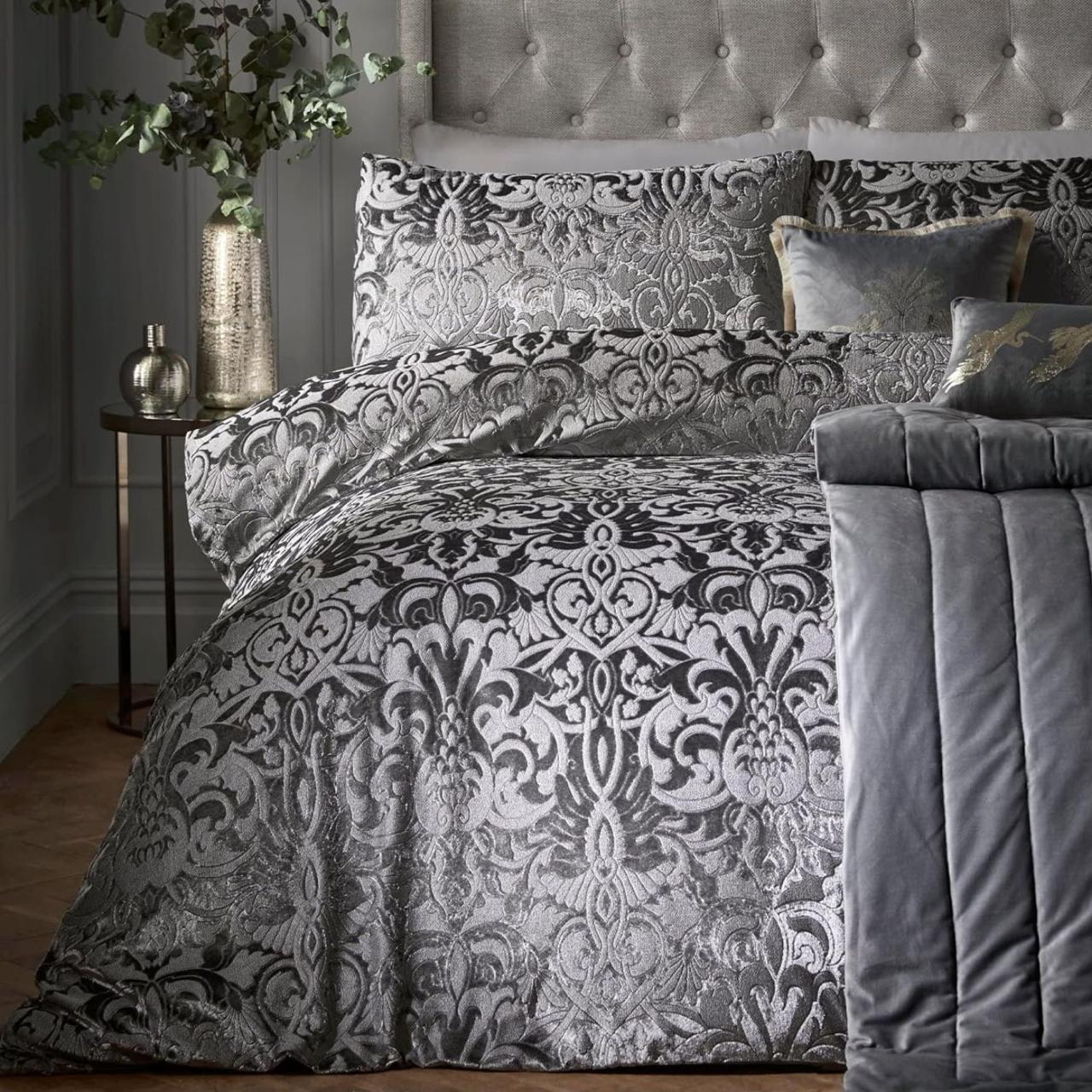 Jacquard Embossed luxury duvet cover set — Laurence Llewelyn-Bowen damask velvet bedding, full bed lifestyle shot